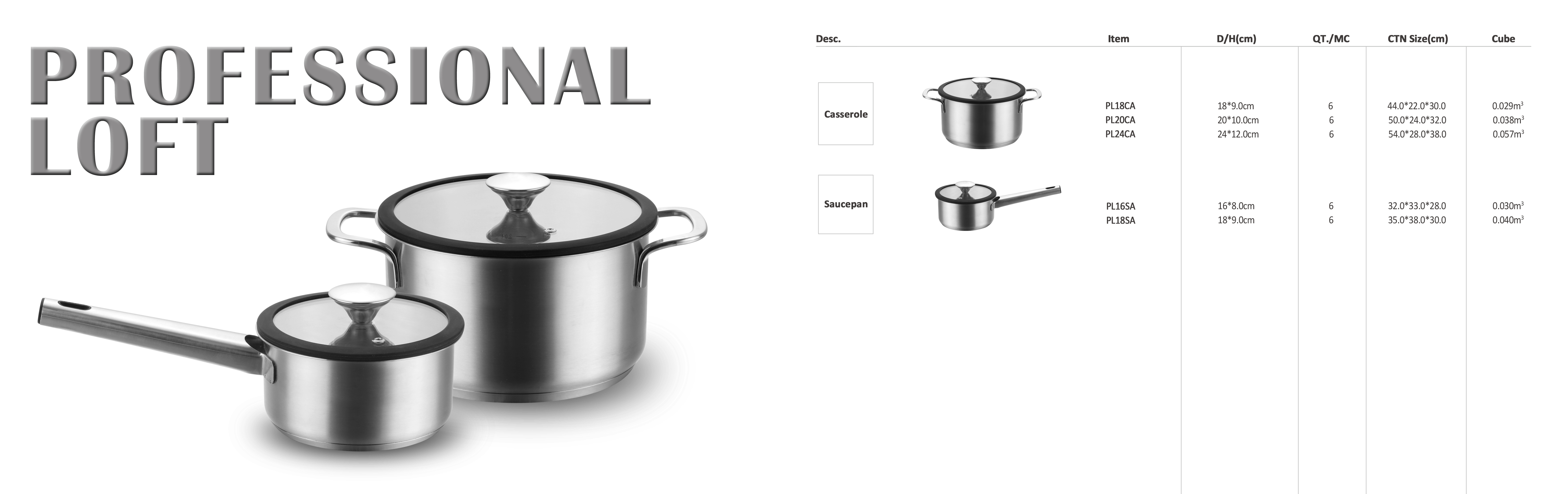 Stainless Steel Cookware Sets with Lid Professional Loft Series